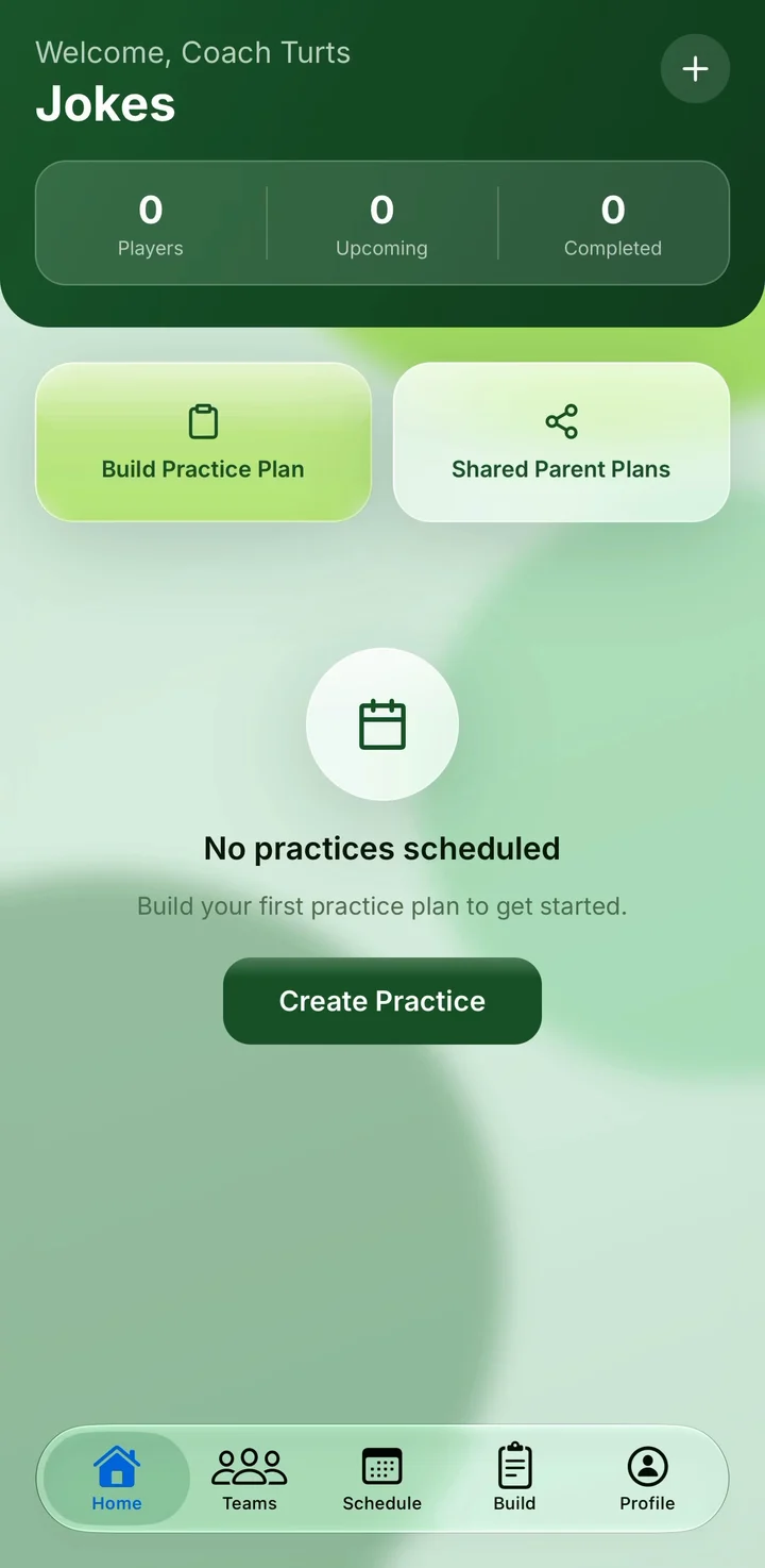 Guru app home screen with Build Practice Plan and Shared Parent Plans buttons.